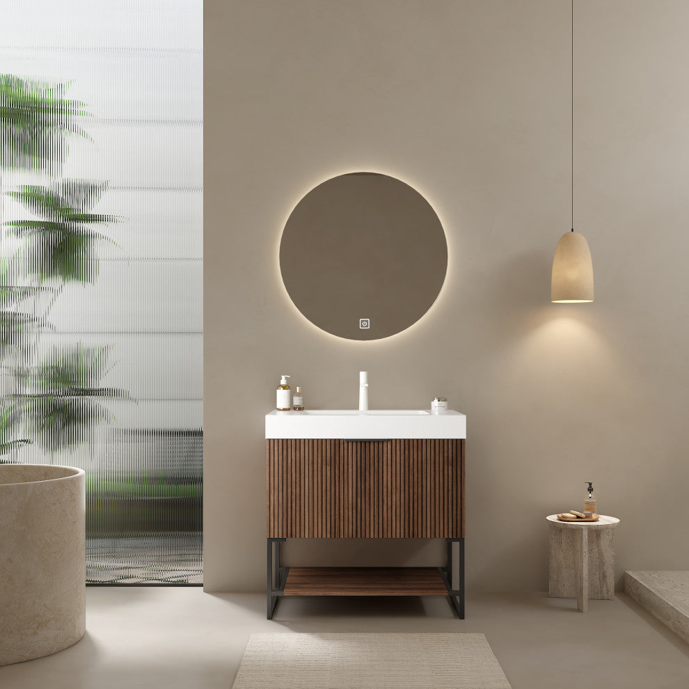 Plywood Freestanding Bathroom Vanity Set with Integrated Acrylic Sink, Walnut, 30in