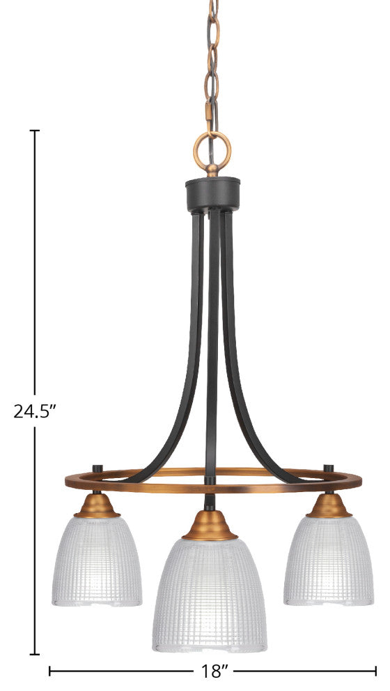 Paramount Downlight 3-Light Chandelier, Matte Black & Brass, 5" Clear Ribbed