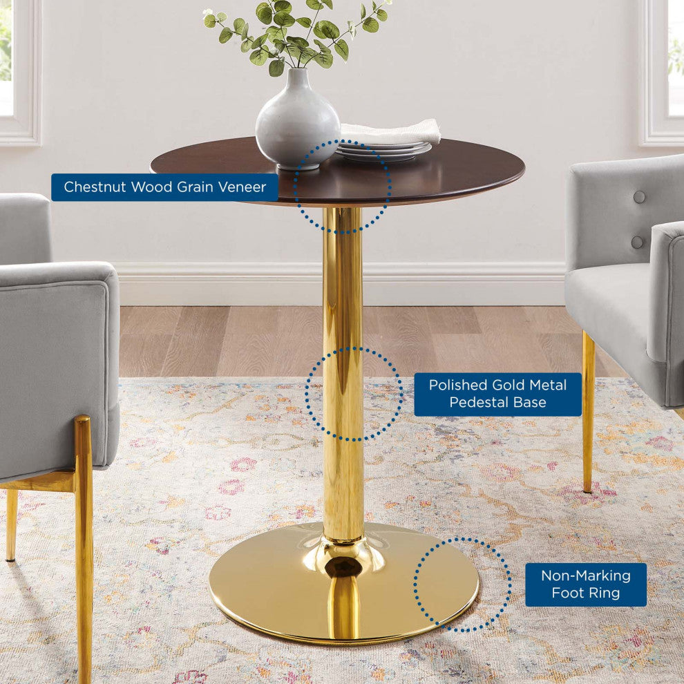 28" Dining Table, Round, Gold Walnut, Metal, Modern Cafe Bistro Hospitality