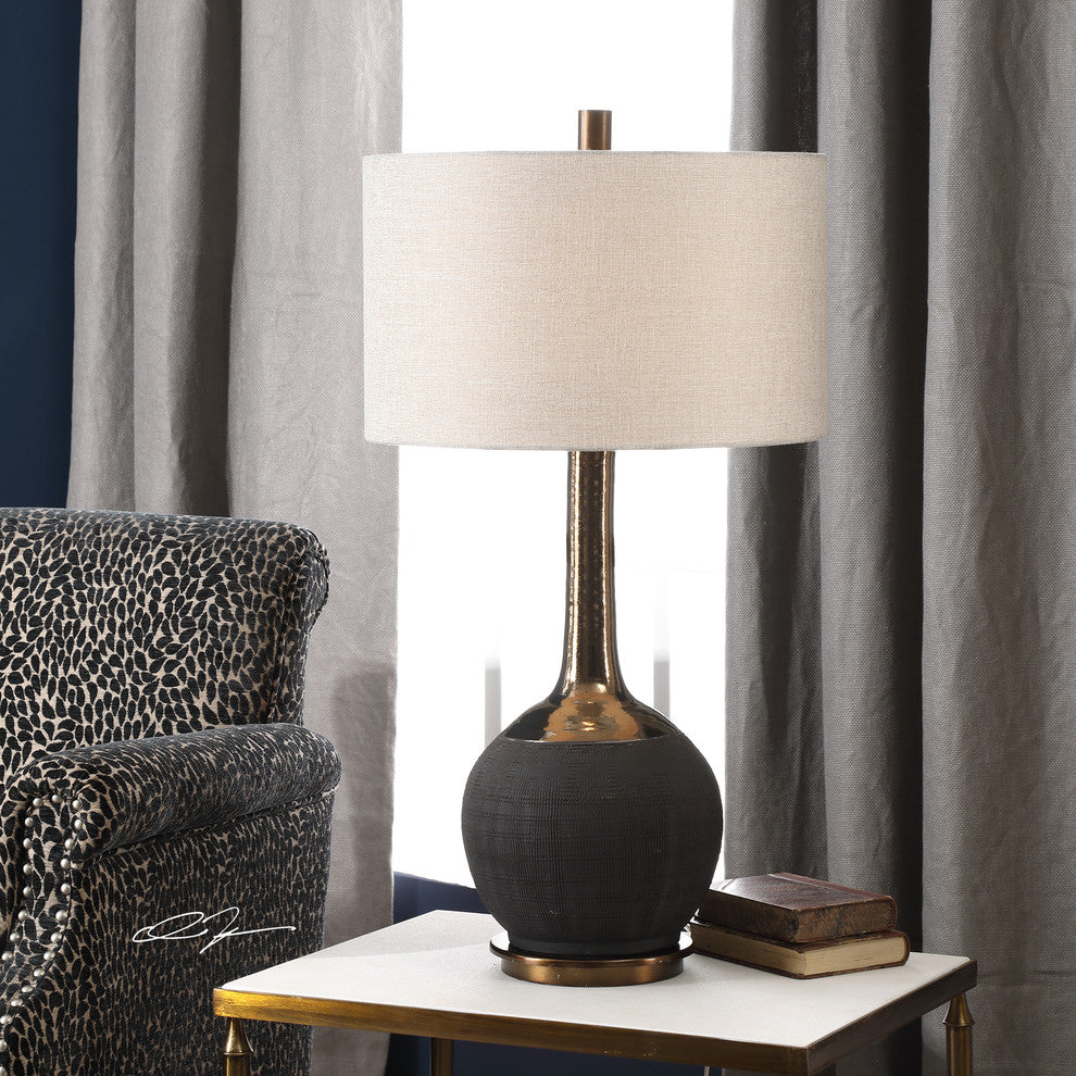 Luxe Sculpted Gold Black Ribbed Table Lamp, MidCentury Modern Ceramic Metallic