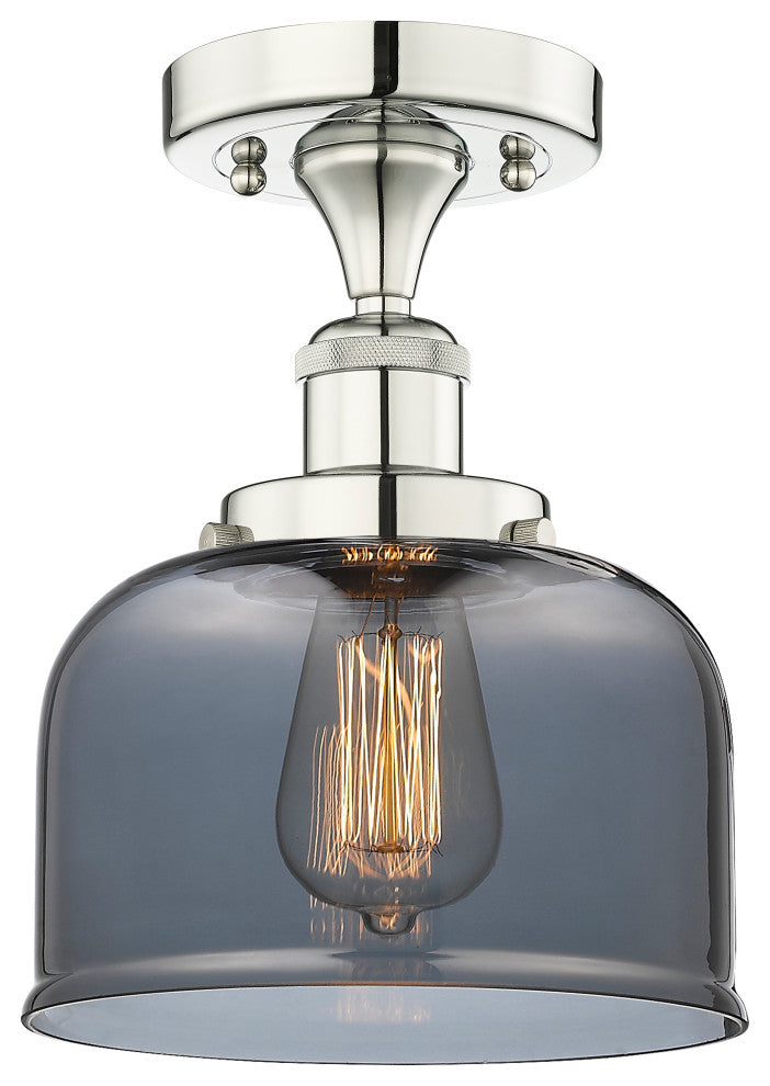 Bell-1 Light 8" Semi-Flush Mount-Polished Nickel, Plated Smoke Glass Shade