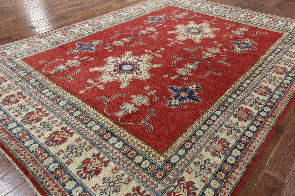 Oriental Red Super Kazak Hand-Knotted Wool Rug, 9'x13'