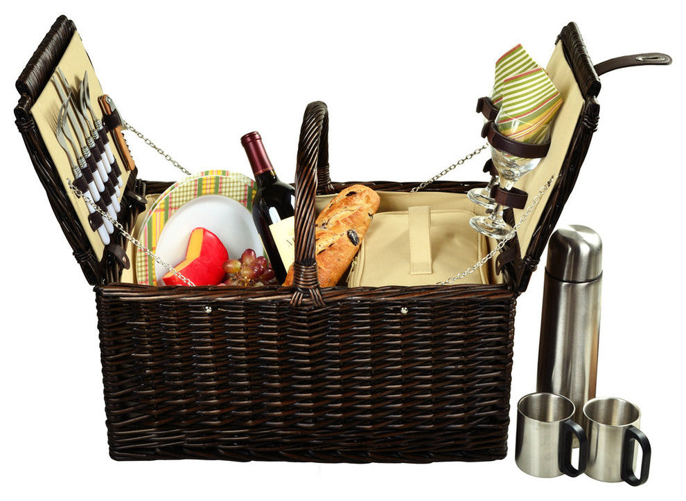 Surrey Picnic Basket For Two With Coffee, Brown Wicker and Hamptons