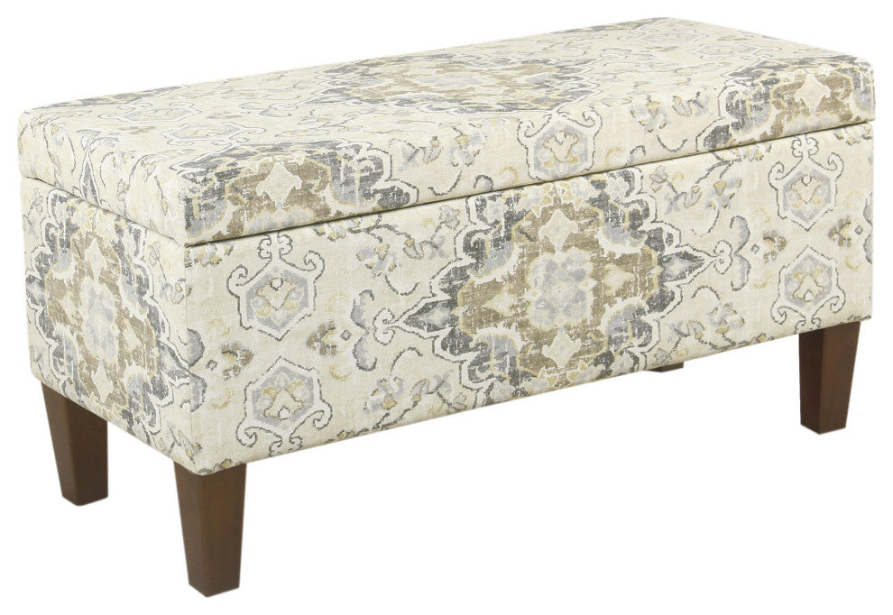 Benzara BM195786 Medallion Print Fabric Wooden Bench With Hinged Storage