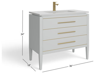 Celios Bathroom Vanity, White With Brass Trim, 36", Single Sink, Freestanding