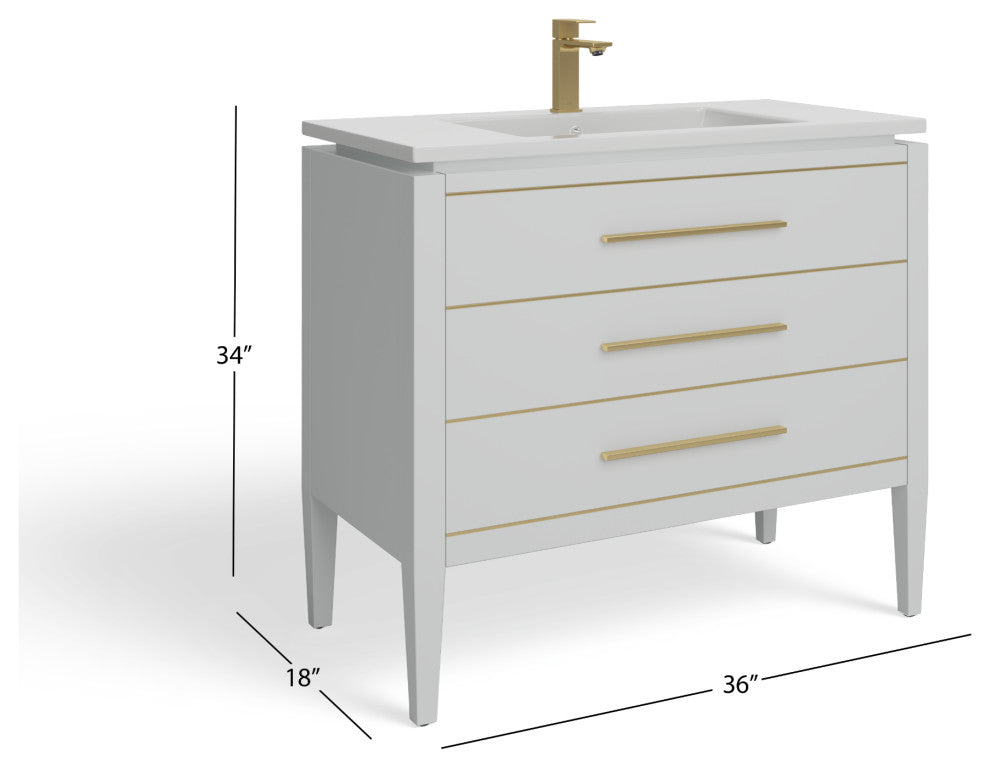 Celios Bathroom Vanity, White With Brass Trim, 36", Single Sink, Freestanding