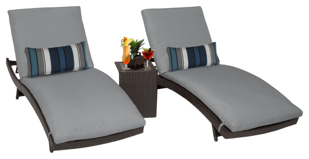 Belle Curved Chaise Set of 2 Wicker Patio Furniture, Side Table Grey
