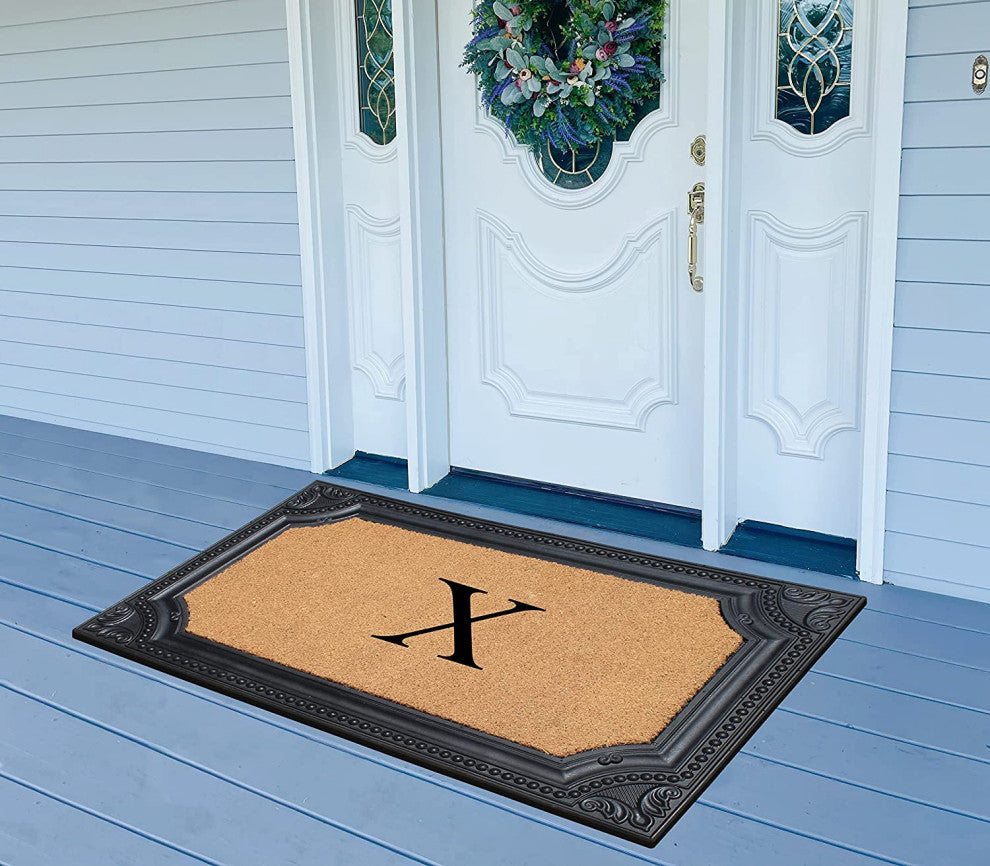 Angela Bronze Finished Black/Beige 24"x39" Monogrammed Doormat, X