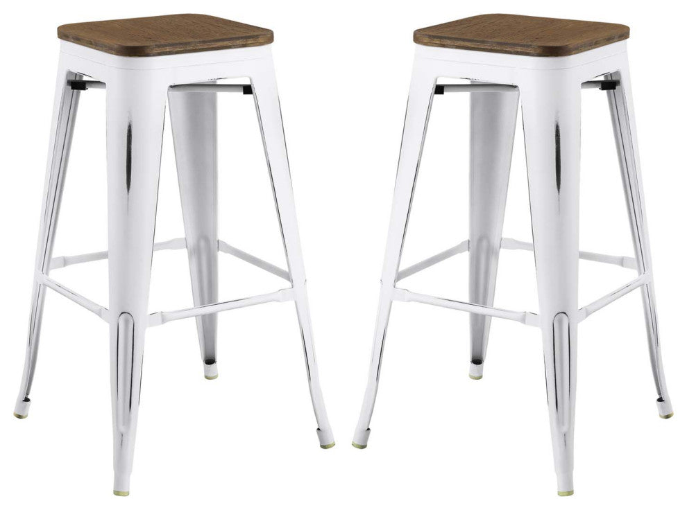 Bar Stool Chair Barstool, Set of 2, Wood, Metal, White, Modern, Bar Pub Bistro