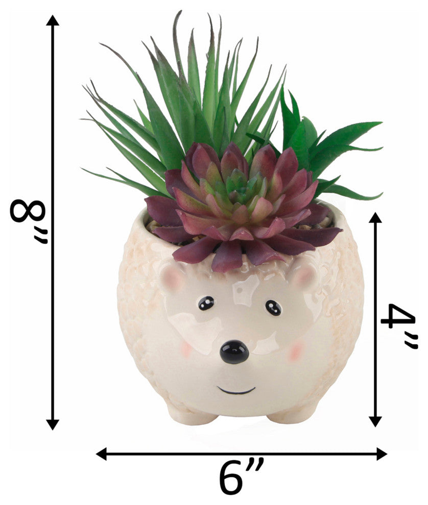Faux Succulent In 6" Large Brown Hedgehog Ceramic Planter