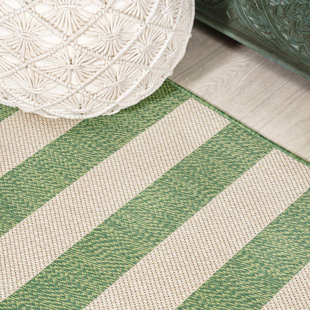 Negril Two-Tone Wide Stripe Indoor/Outdoor Area Rug, Green/Cream, 8x10