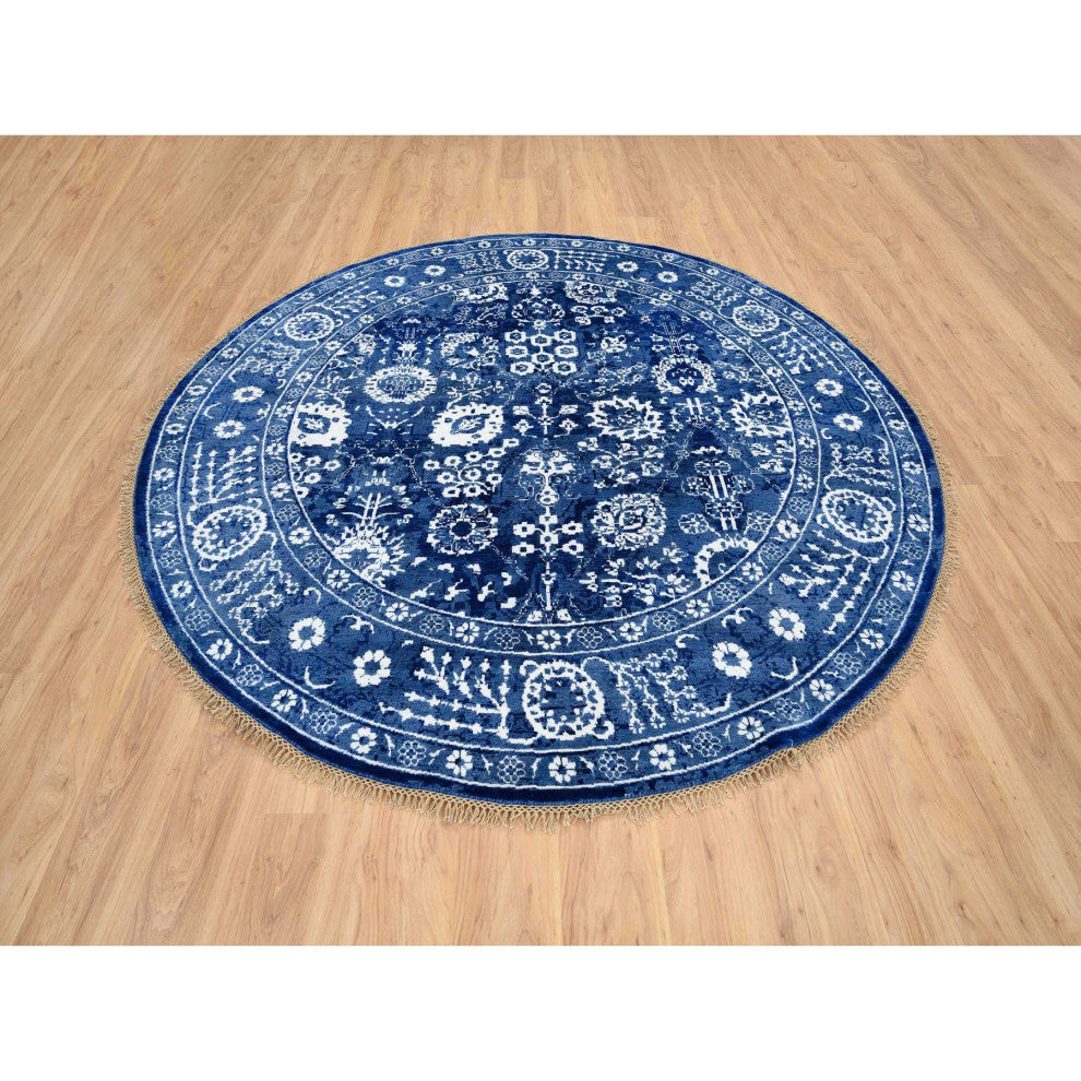 Denim Blue, Wool and Silk Hand Knotted, Tabriz Round Oriental Rug, 8'2"x8'2"