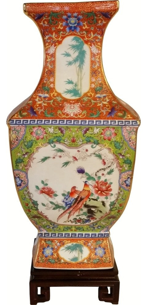 Chinese Floral Square Porcelain Vase Gold Line With Lime Green and Coral