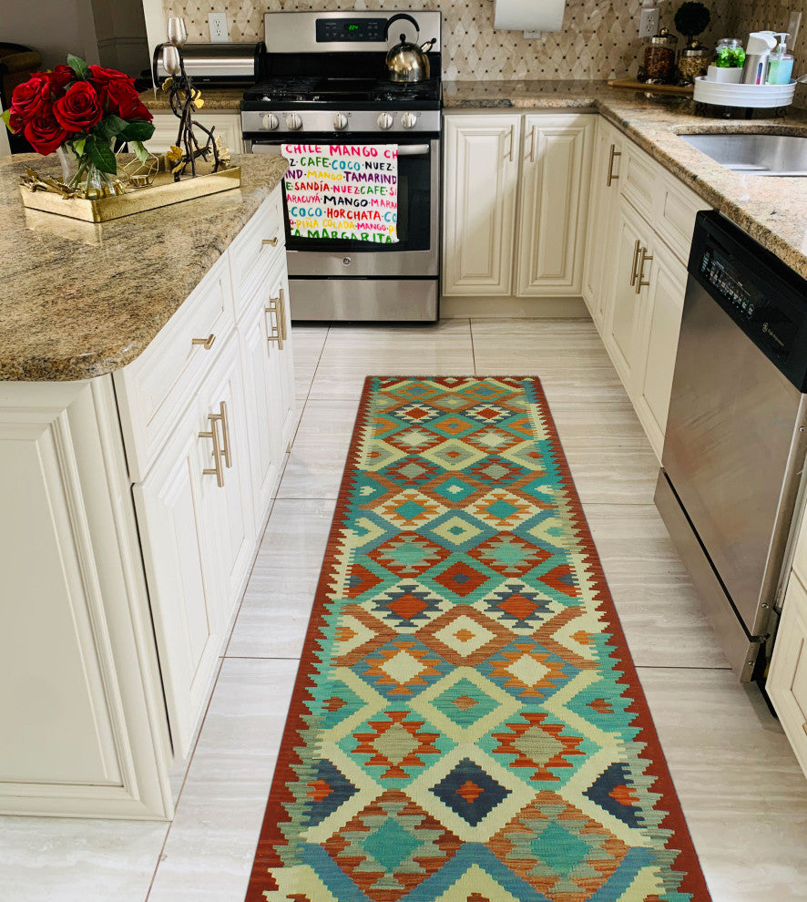 Sangat Kilim Abdulker Burgundy/Blue Runner, 2'10x12'6