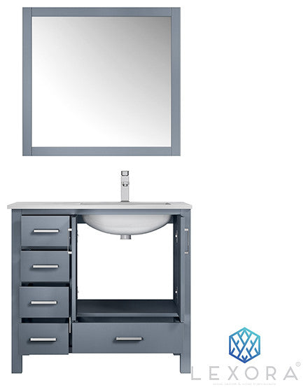 Jacques 36" Vanity, Wht Carrara Marble Top w/ 34" Mirror, Dark Grey, Right
