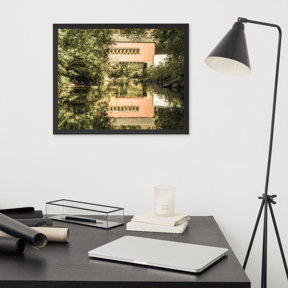 The Reflections of Wooddale Covered Bridge Aged Framed Photo Wall Art Print, Black, 16" X 20"