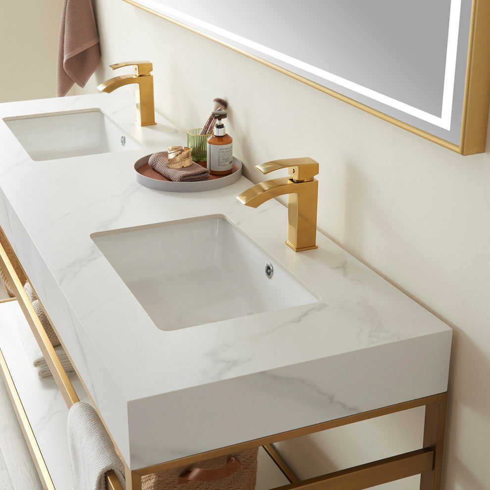 Funes Bath Vanity without Mirror, Brushed Gold Hardware, 72'', White Stone Top