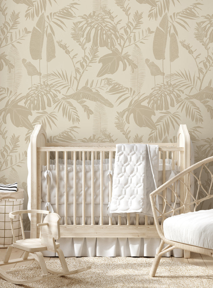 Hand Drawn Jungle Leaves Vinyl Peel and Stick Mural, Beige, 24"x108", Single