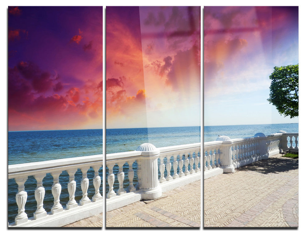 "Stone Balcony With Ocean View" Photo Metal Wall Art, 3 Panels, 36"x28"