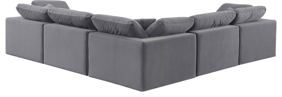 Comfy Upholstered L-Shaped Modular Sectional, Grey, 5-Piece: 2 Armless Chair, 3 Corner Chair, Velvet