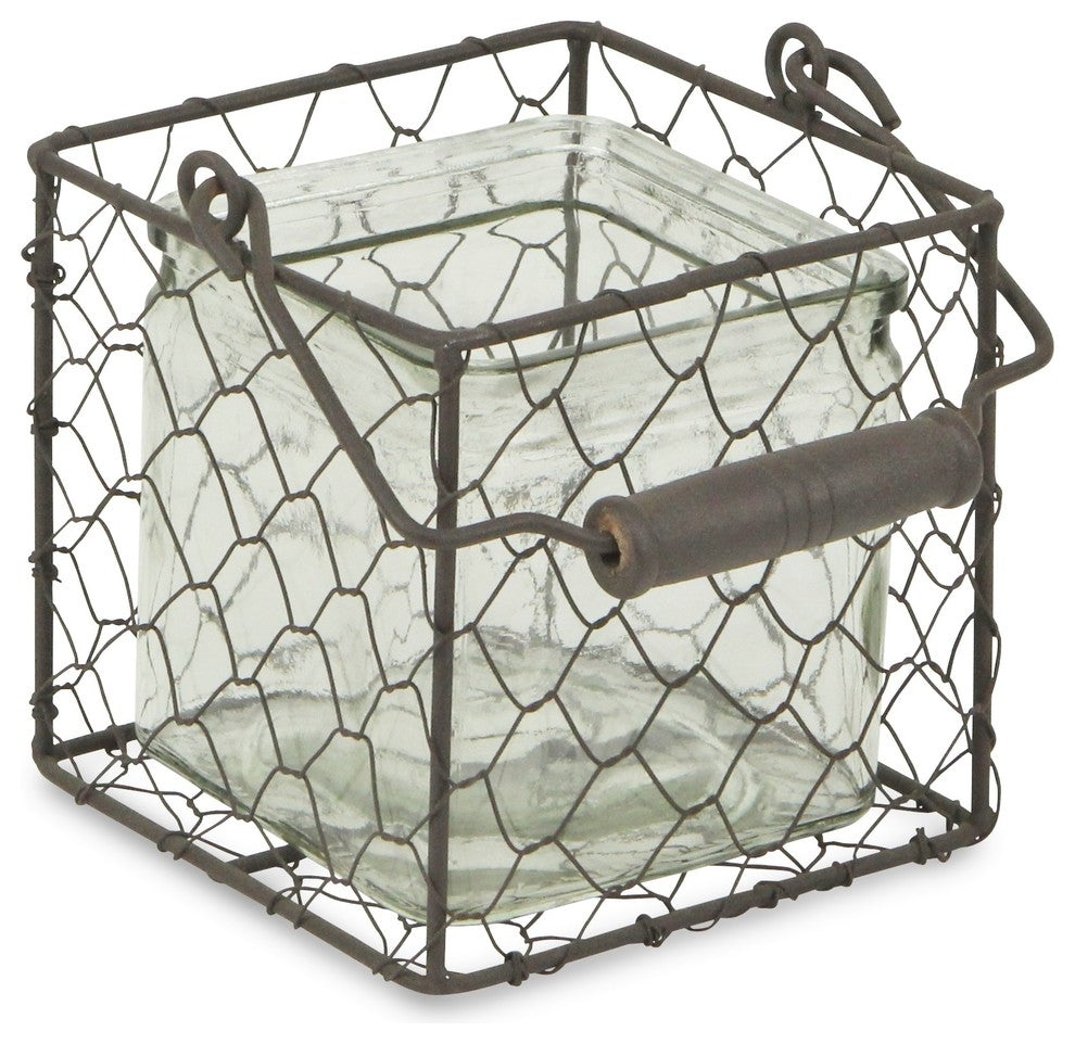 Square Wire Basket With Glass Jar, Brown, Large, Medium