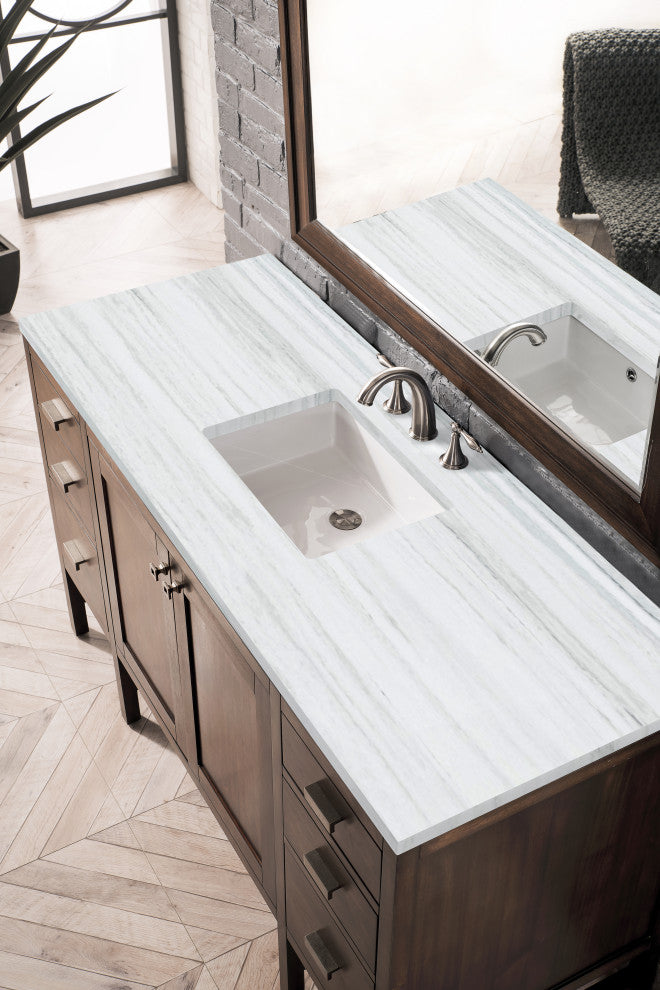 Addison 60" Single Vanity Cabinet, Mid Century Acacia, Arctic Fall Solid Surface
