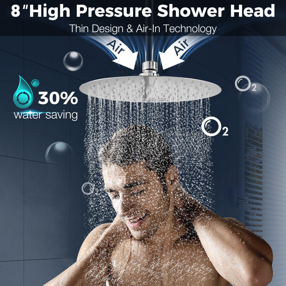 Full Metal Round Hand Shower, High Pressure 8'' Stainless Steel Rain Shower Set, Chrome