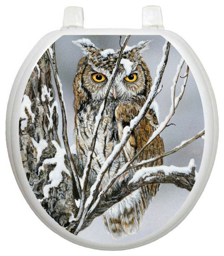 Sheltered Owl Toilet Tattoos Seat Cover, Vinyl Lid Decal, Bathroom Decor, Round