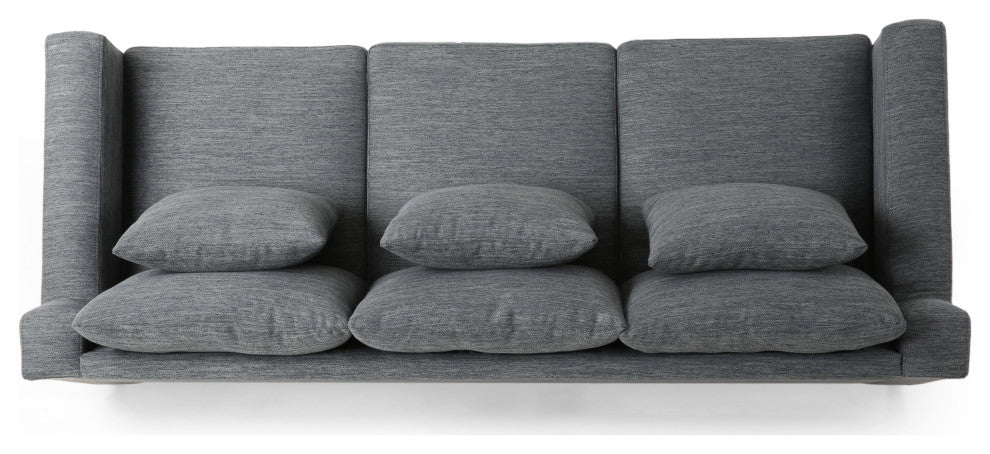 Noxon Fabric 3 Seater Sofa with Accent Pillows, Charcoal + Dark Walnut