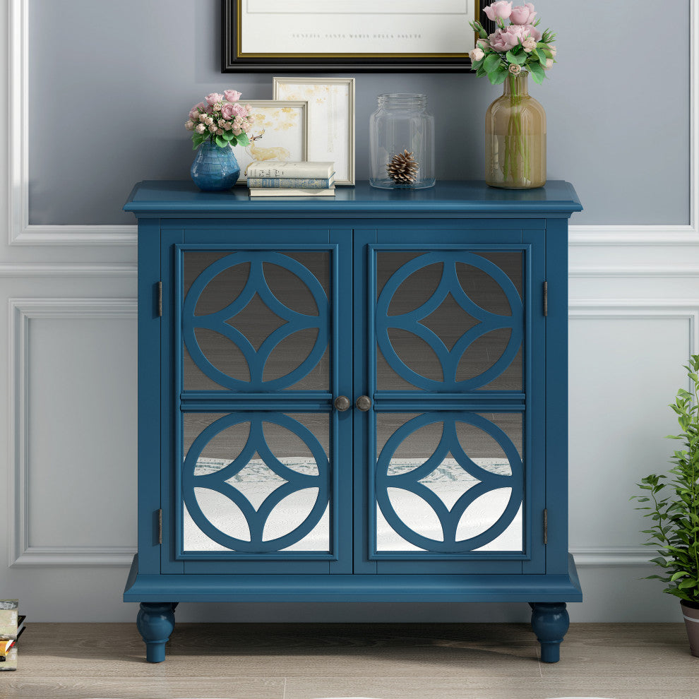Wood Double Mirrored Door Accent Cabinet with Adjustable Shelf, Blue, 33" X 13"