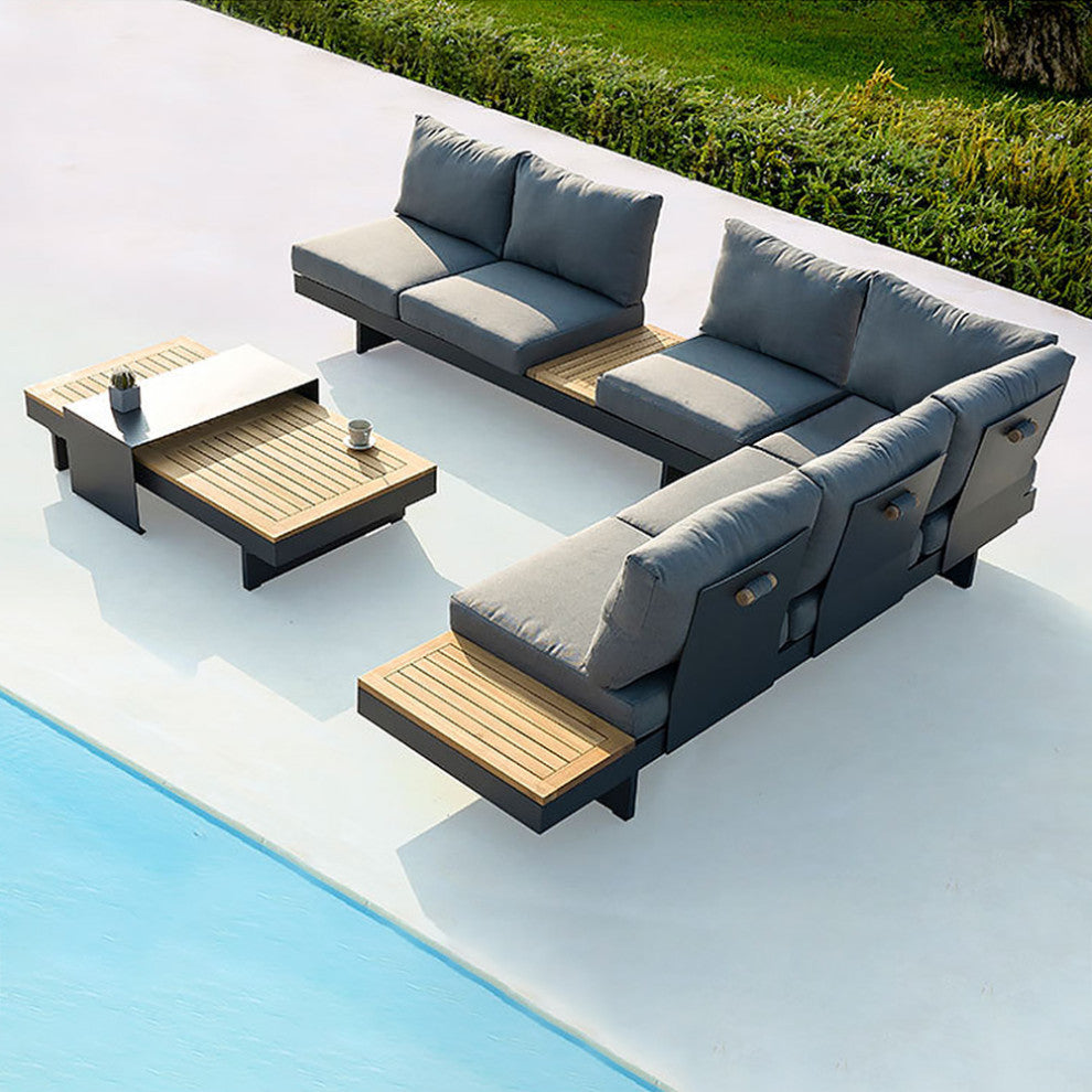 4 Pieces L Shape Outdoor Sectional Sofa Set with Wood Coffee Table in Gray