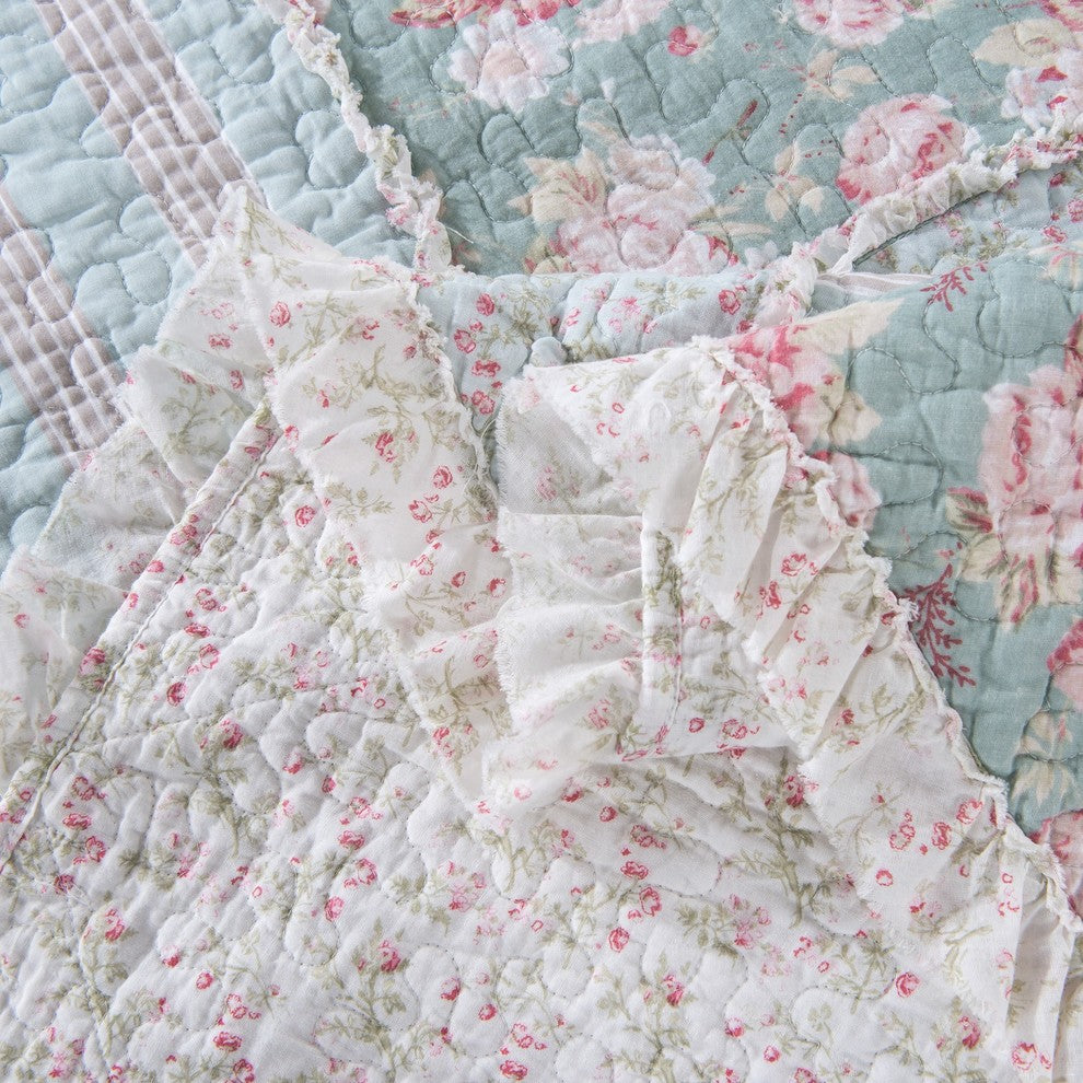 Blue Green Pastel Floral Cotton Patchwork Ruffle Quilted Bedspread Set, Queen