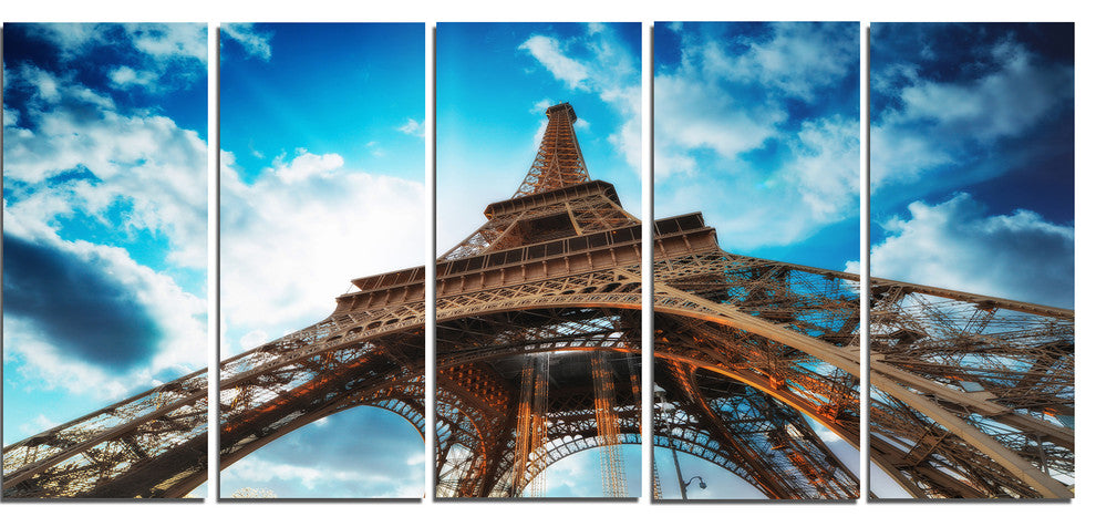 "Beautiful Paris Eiffel Tower Under Blue Sky" Cityscape Art, 60"x28", 5-Panels