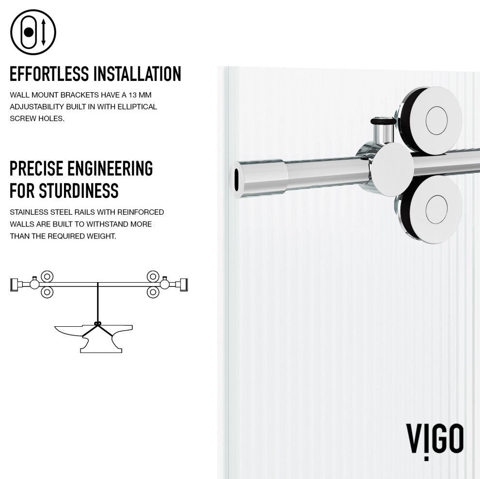 VIGO Elan 56" to 60" W x 74" H Frameless Sliding Shower Door, Chrome, Right, Fluted Glass