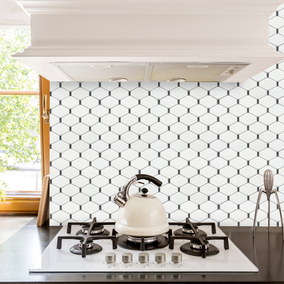 Badajoz 11.5x10.94, Honeycomb Glass Mosaic Tile, White/Black, Box of 11