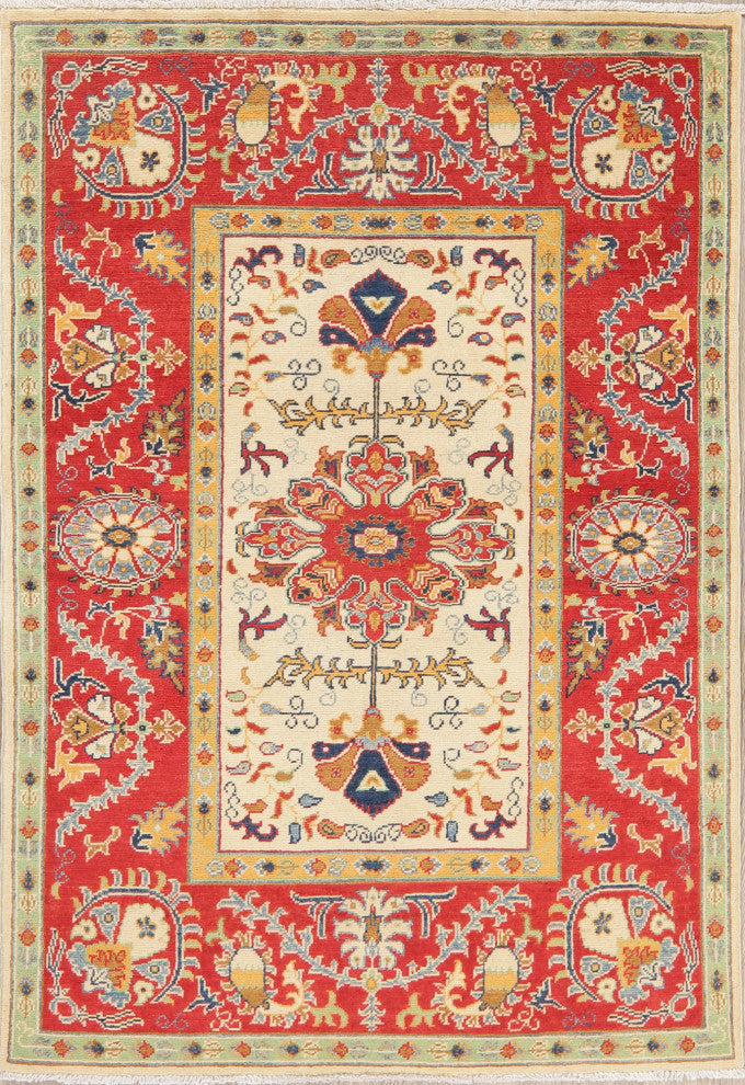 Traditional Super Kazak Bordered Area Rug Oriental Hand-Knotted, Beige, 4 X 6