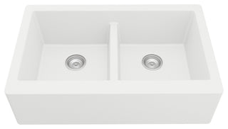 Karran All, One Farmhouse Quartz 34" Double Bowl Sink, White With Faucet