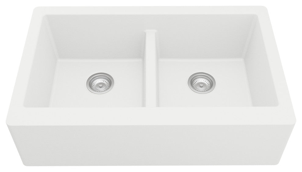 Karran All, One Farmhouse Quartz 34" Double Bowl Sink, White With Faucet