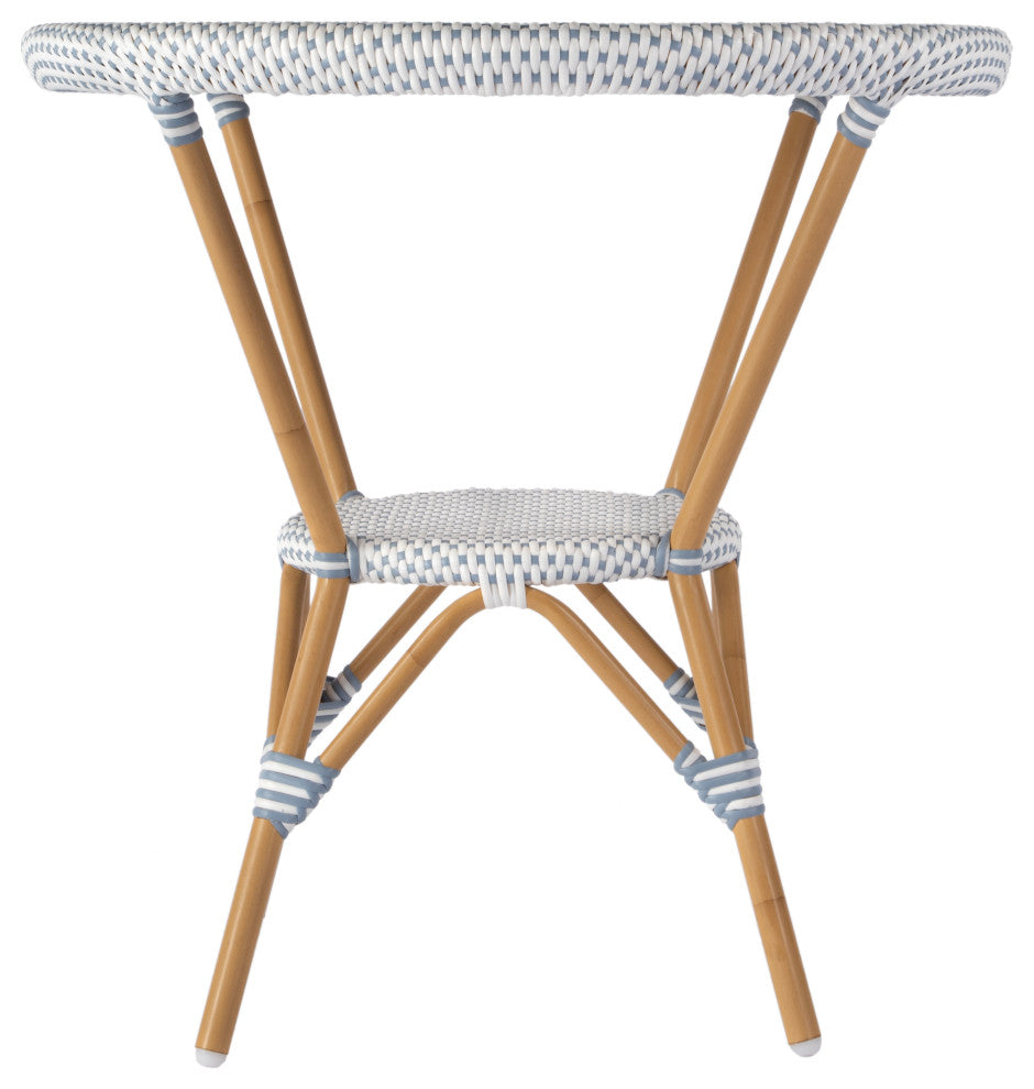 Tobias Outdoor Rattan and Metal Round Bistro Table, Blue and White