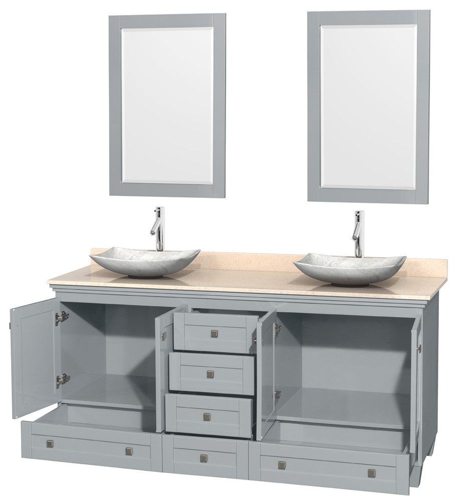 Acclaim Oyster Gray DBL Vanity 24" Mirrors 72" Ivory Marble, White Carrera Marbl