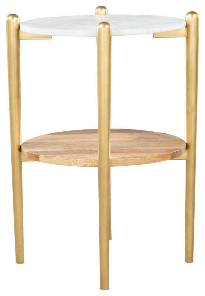 Sofa Side Table, Round, Artificial Marble, Steel Metal, White, Brown, Gold