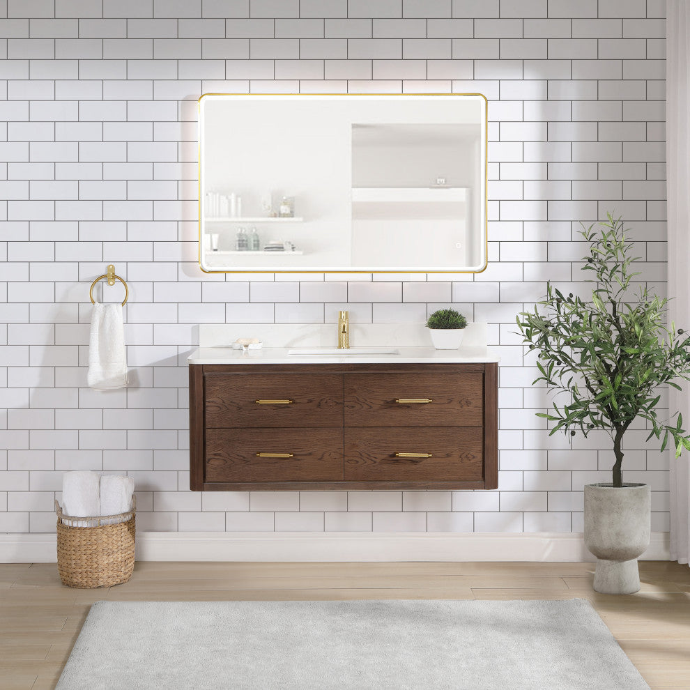 Cristo Floating Bath Vanity With Stone Top, Aged Dark Brown Oak, 48in., No Mirror