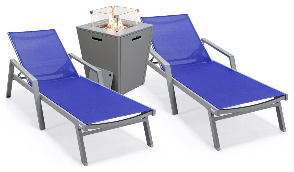 LeisureMod Marlin Chaise Lounge Set With Arms and Fire Pit Table, Navy Blue