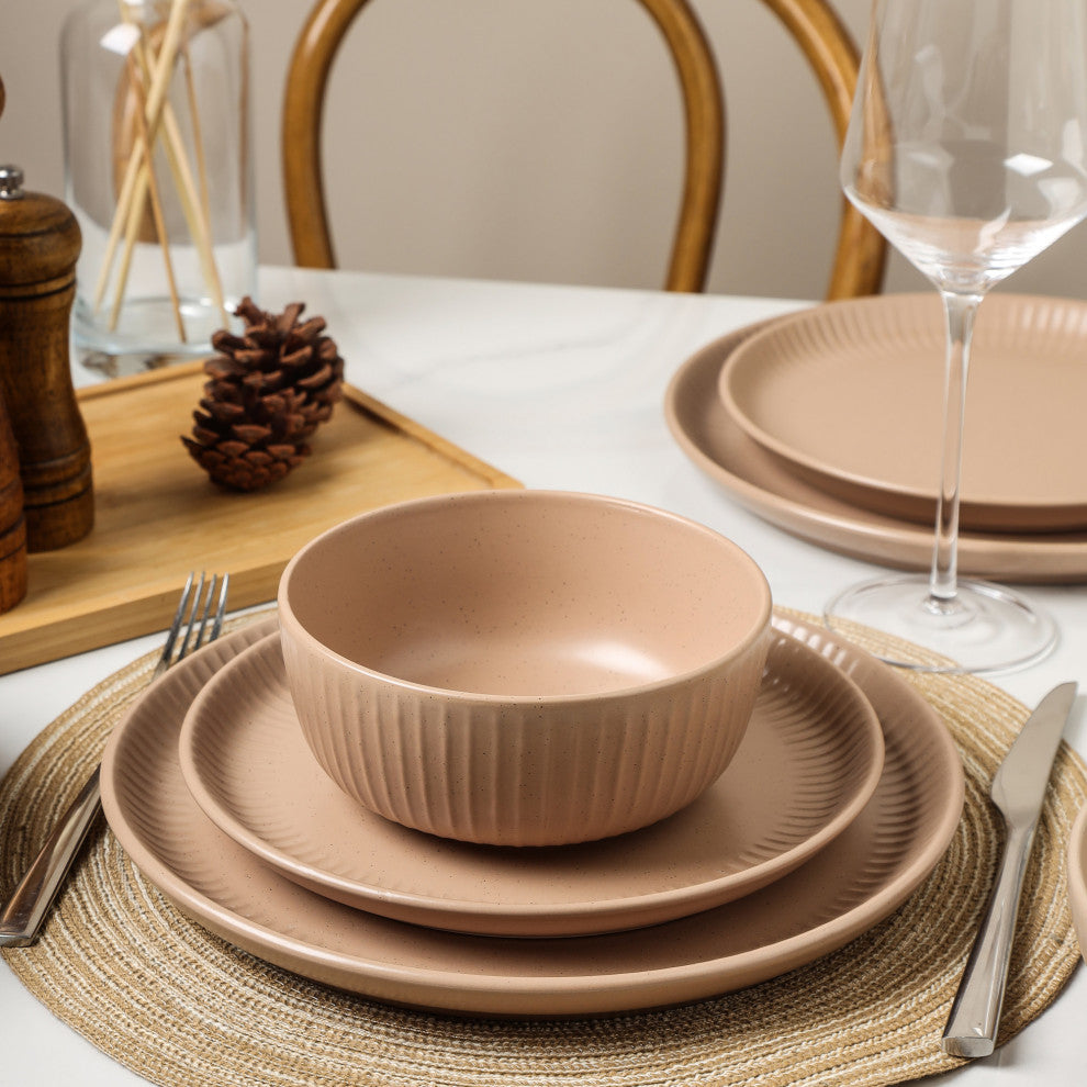 Stone Lain Logan Stoneware 16 Piece Dinnerware Set With Pasta Bowls, Beige