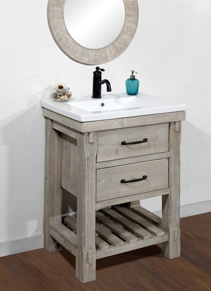 24" Rustic  Solid Fir Vanity With Ceramic  Single Sink, No Faucet