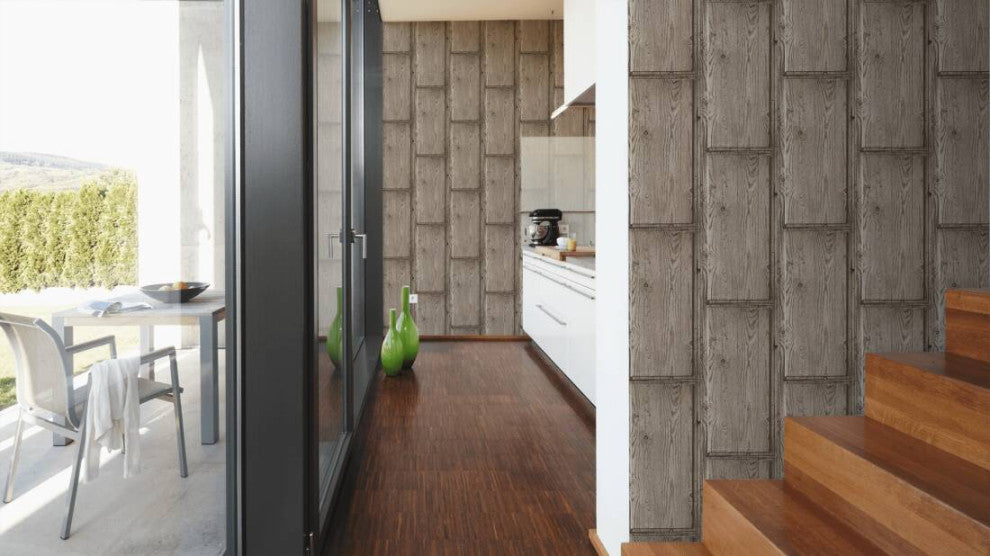 Loft Textured Wallpaper Featuring Rustic Wood, Brown Gray, One Roll