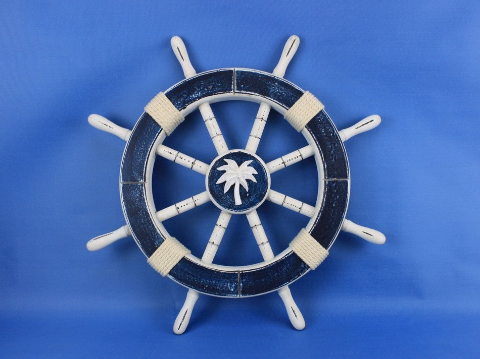 Rustic Decorative Ships Wheel With Palm Tree, Dark Blue, 18"