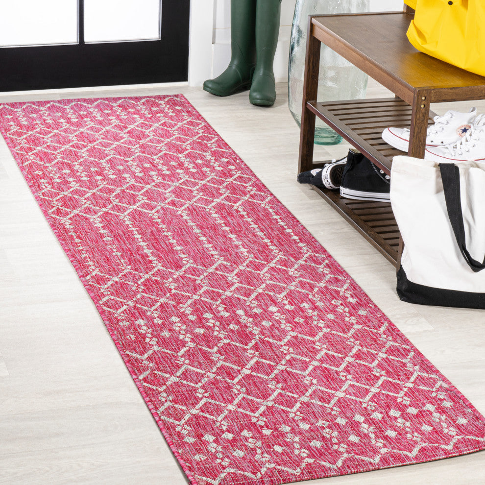 Ourika Moroccan Geometric Indoor/Outdoor Rug, Fuchsia/Light Gray, 2x8