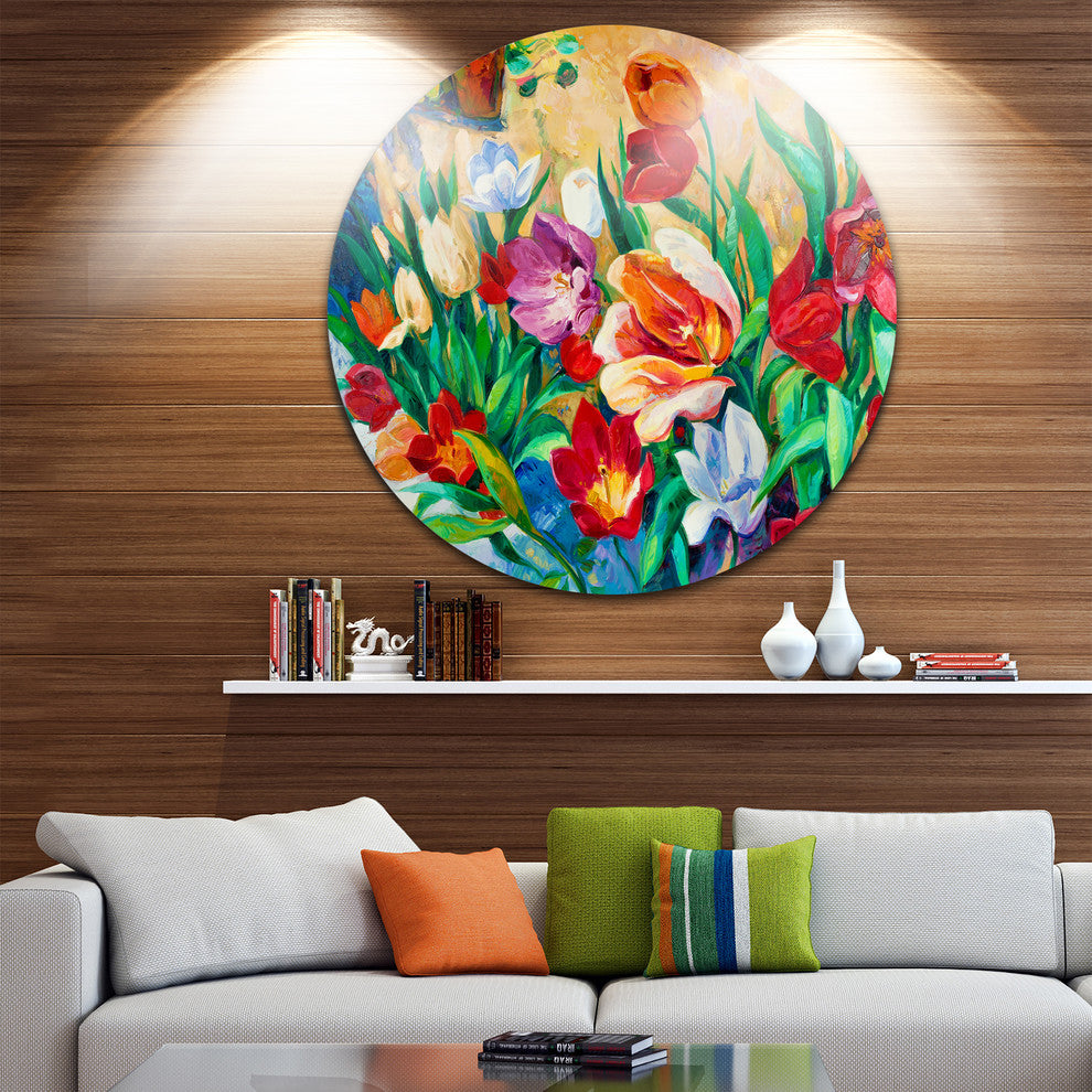 Bouquet Of Colorful Flowers, Floral Disc Metal Artwork, 23"