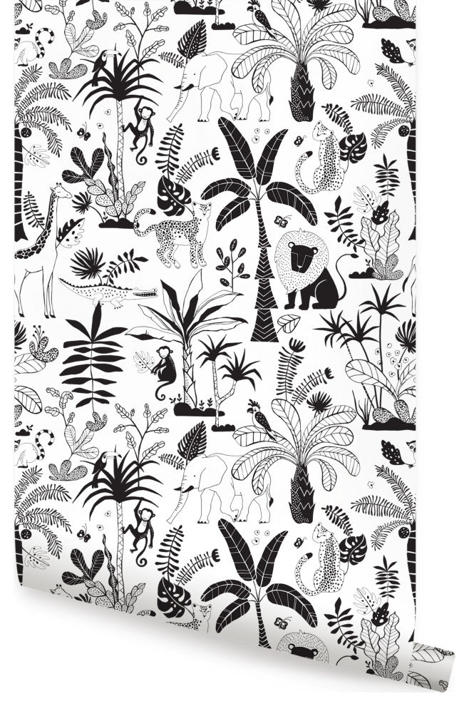 Safari Jungle Illustration Peel and Stick Vinyl Wallpaper, Black, 24" X 60"